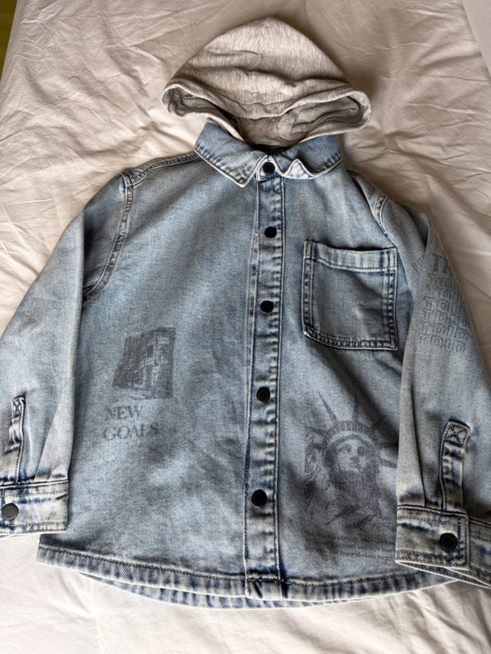Zara Light Blue Denim Jacket with Gray Hood